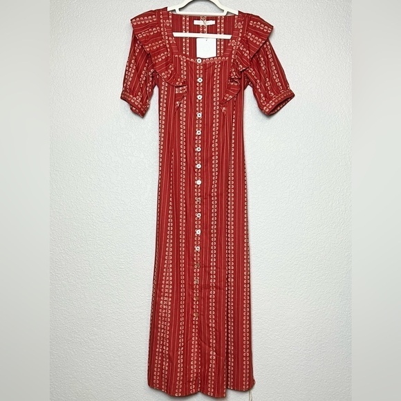 NWT CHRISTY DAWN 70s Floral Stripe Puff Sleeve Ruffled Button Front Midi Dress S - Picture 3 of 12